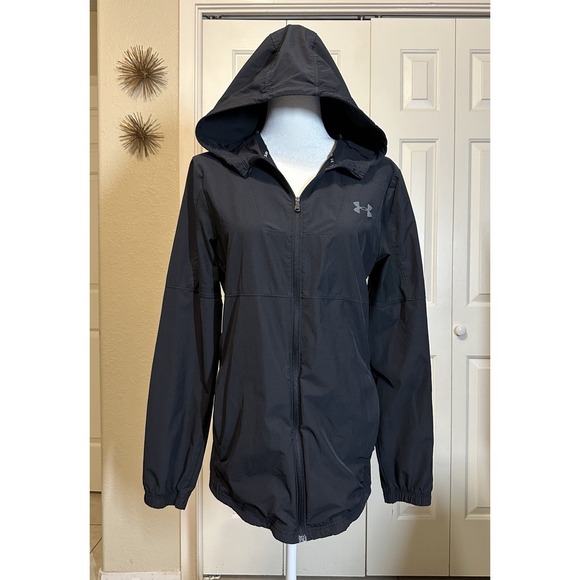 Under Armour Fitted Jacket Windbreaker Black Hooded Zipper Men's SM - Picture 1 of 12